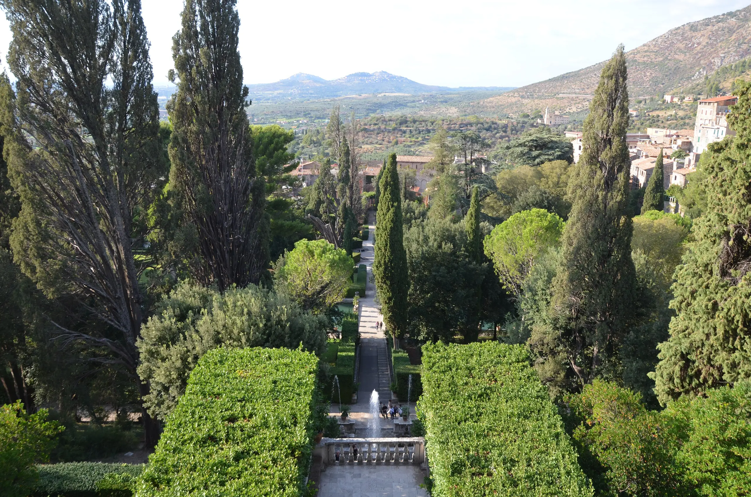Cypresses and clipped hedges in the Villa d'Este gardens, with the Sabine hills beyond.
